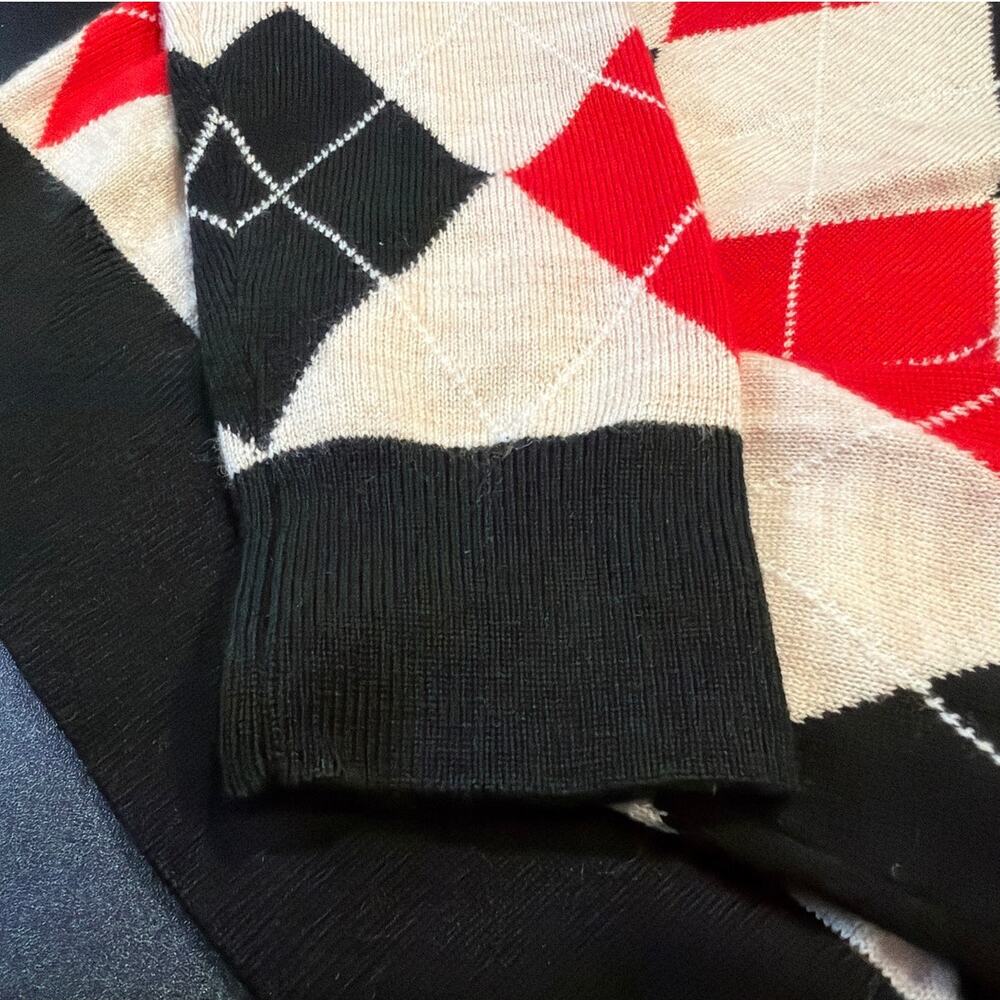 NWOT Alice + Olivia Carol Ann Argyle Wool Sweater, Small, Red Black Cream - Picture 2 of 6